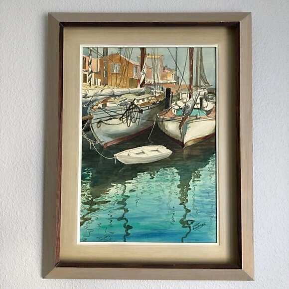 Schneider Signed Custom Framed Art Watercolor Docked Sailboats Ripple in Water - Picture 1 of 12